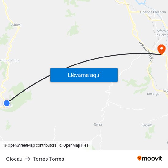 Olocau to Torres Torres map