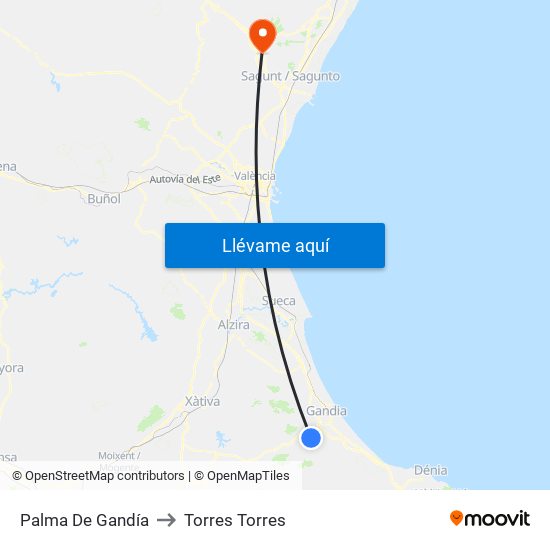 Palma De Gandía to Torres Torres map
