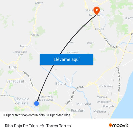 Riba-Roja De Túria to Torres Torres map