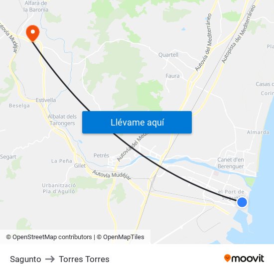 Sagunto to Torres Torres map