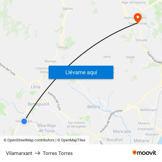 Vilamarxant to Torres Torres map