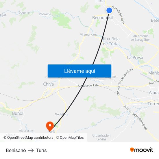 Benisanó to Turís map