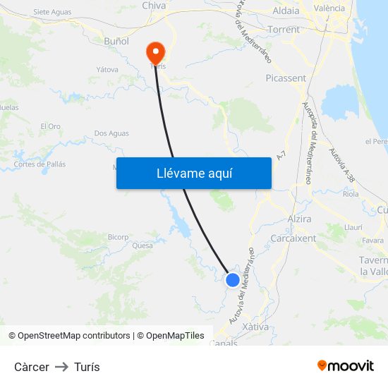Càrcer to Turís map