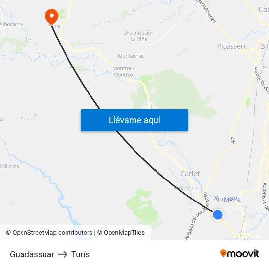 Guadassuar to Turís map