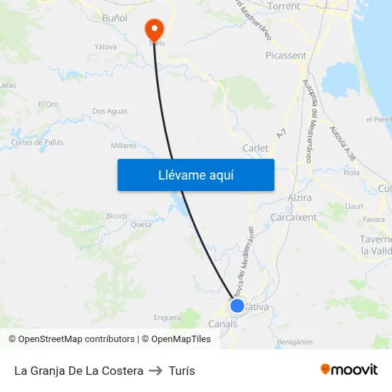 La Granja De La Costera to Turís map