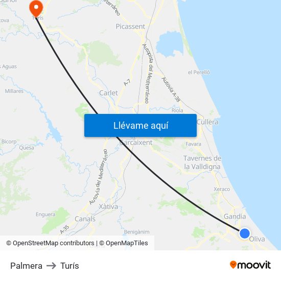 Palmera to Turís map