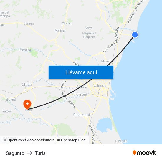 Sagunto to Turís map