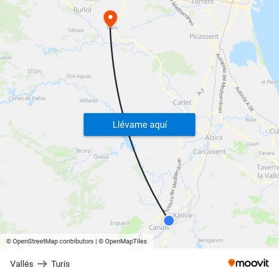 Vallés to Turís map