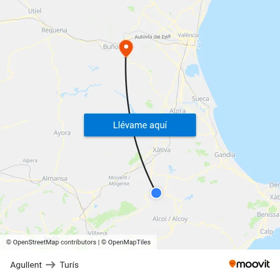 Agullent to Turís map