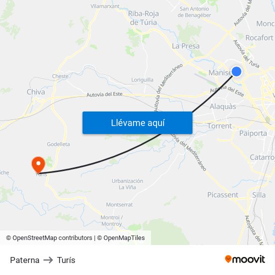 Paterna to Turís map