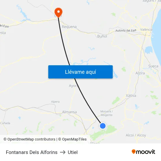 Fontanars Dels Alforins to Utiel map
