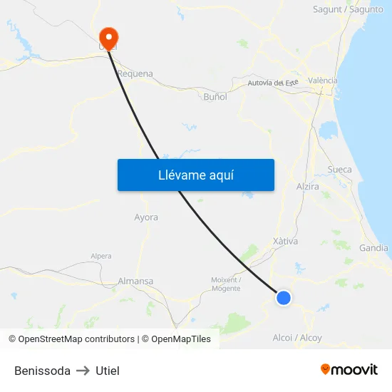 Benissoda to Utiel map