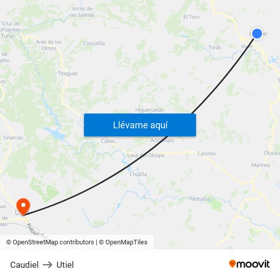 Caudiel to Utiel map