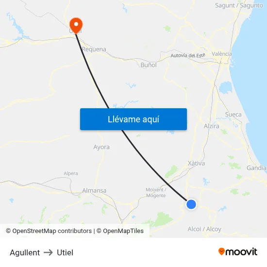 Agullent to Utiel map