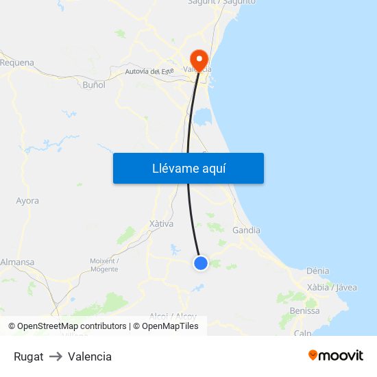 Rugat to Valencia map