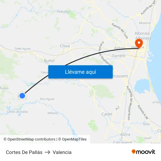 Cortes De Pallás to Valencia map