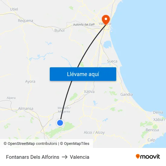 Fontanars Dels Alforins to Valencia map