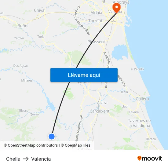 Chella to Valencia map