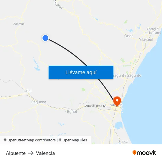 Alpuente to Valencia map