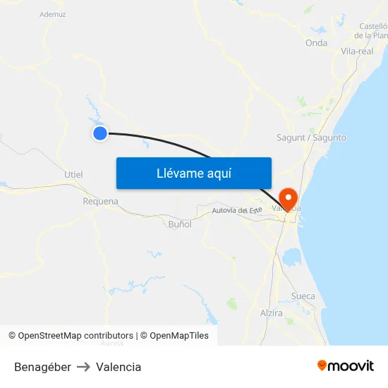 Benagéber to Valencia map