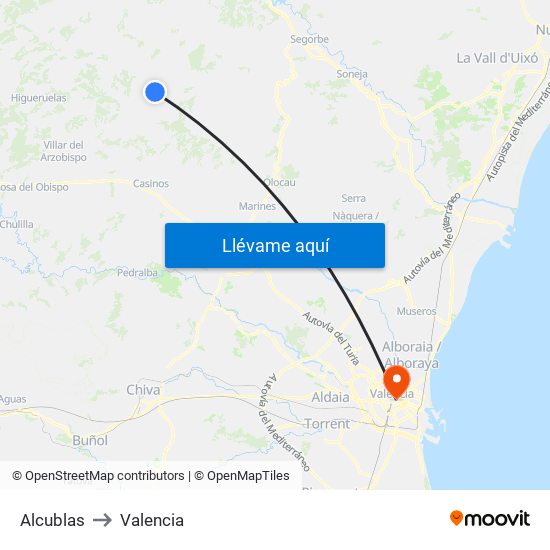 Alcublas to Valencia map