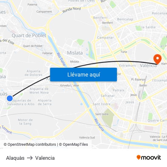 Alaquàs to Valencia map