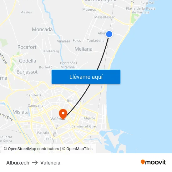 Albuixech to Valencia map
