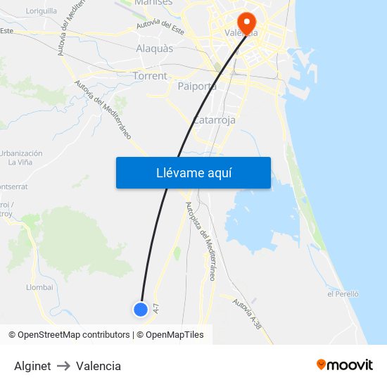 Alginet to Valencia map