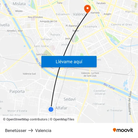 Benetússer to Valencia map