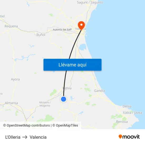 L'Olleria to Valencia map