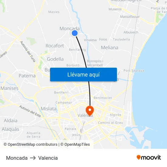 Moncada to Valencia map