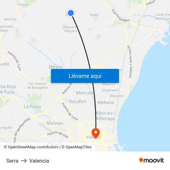 Serra to Valencia map