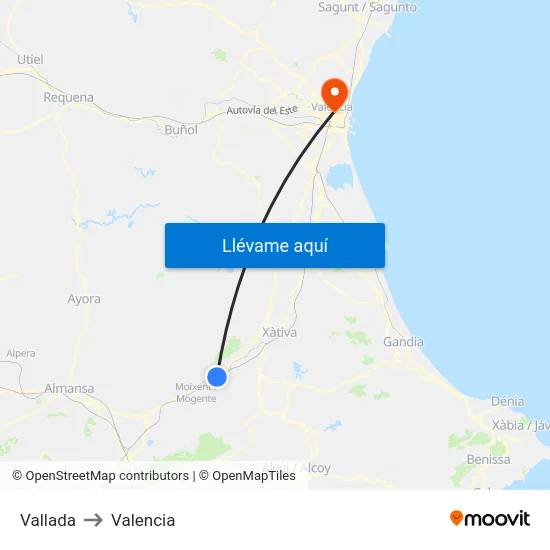 Vallada to Valencia map