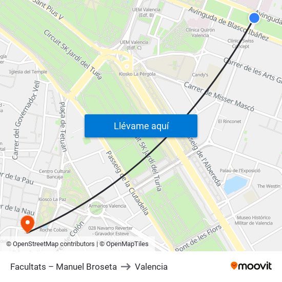 Facultats – Manuel Broseta to Valencia map