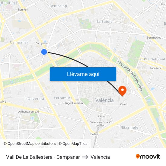 Vall De La Ballestera - Campanar to Valencia map