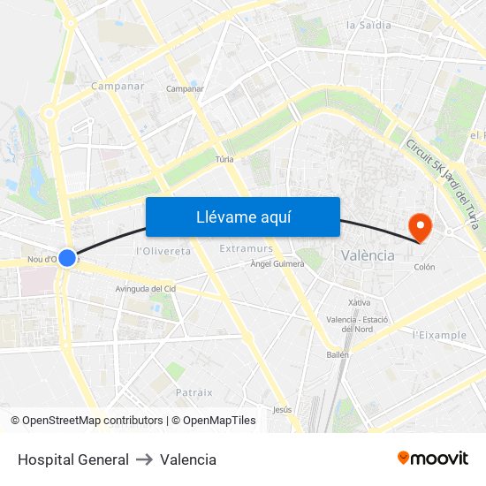 Hospital General to Valencia map