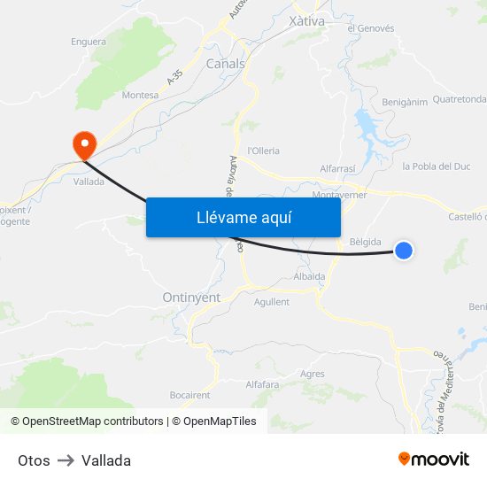 Otos to Vallada map