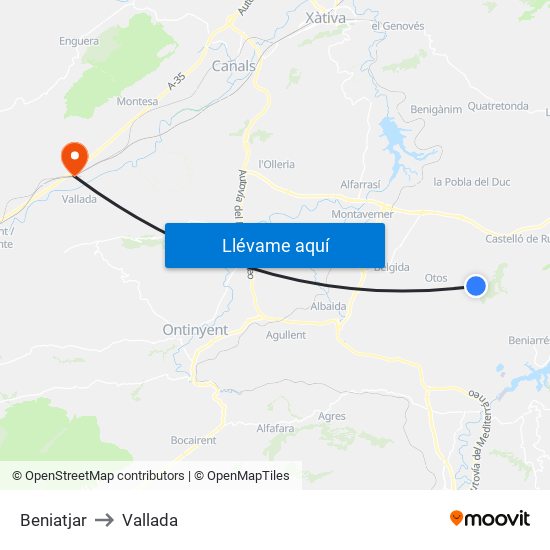 Beniatjar to Vallada map