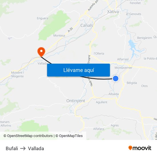 Bufali to Vallada map