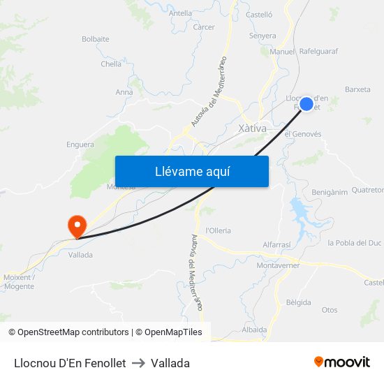 Llocnou D'En Fenollet to Vallada map