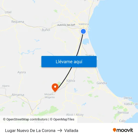 Lugar Nuevo De La Corona to Vallada map