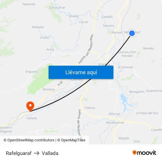 Rafelguaraf to Vallada map