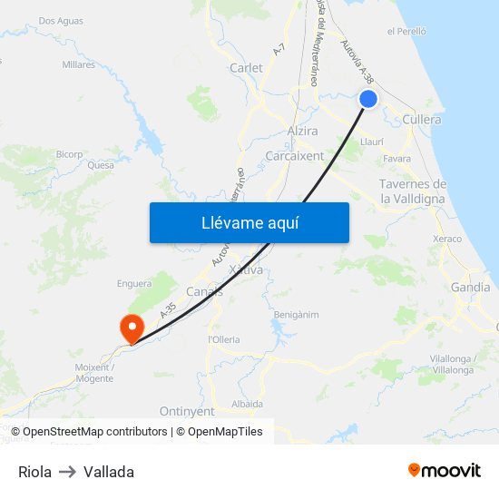 Riola to Vallada map