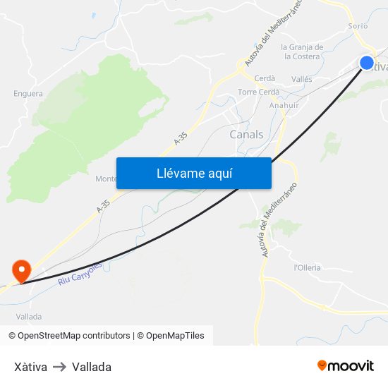 Xàtiva to Vallada map