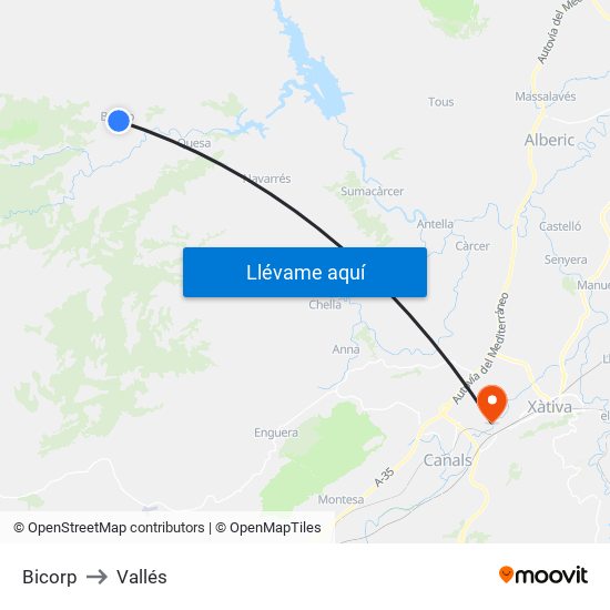 Bicorp to Vallés map