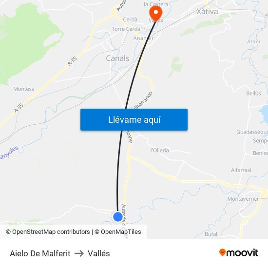 Aielo De Malferit to Vallés map