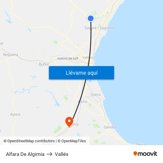 Alfara De Algimia to Vallés map