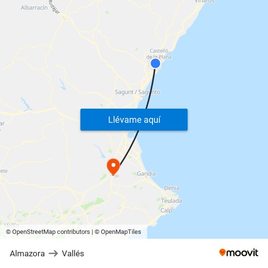 Almazora to Vallés map