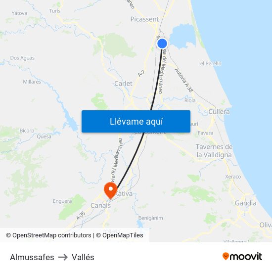 Almussafes to Vallés map