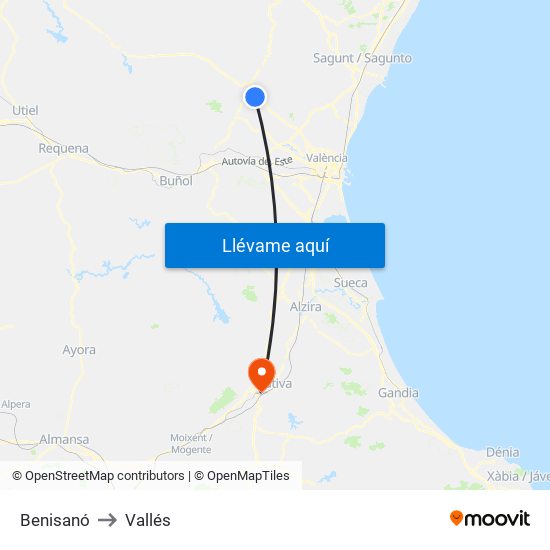 Benisanó to Vallés map